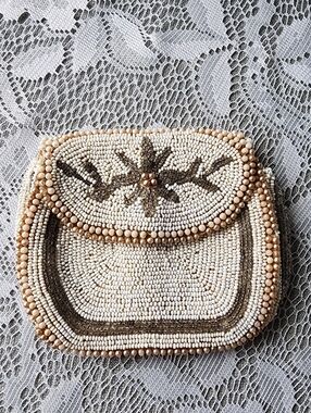 Vintage 1950s Hand Beaded Ivory & Champagne Evening Clutch Purse Bridal